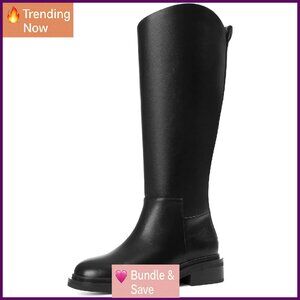 Women's Knee High Riding Boots Round Toe Flat Chunky Heel Side Zipper